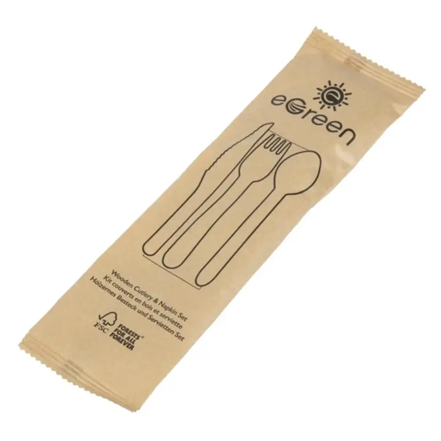 eGreen einzeln verpacktes 4-in-1-Besteckset aus Holz | (250 Stück)