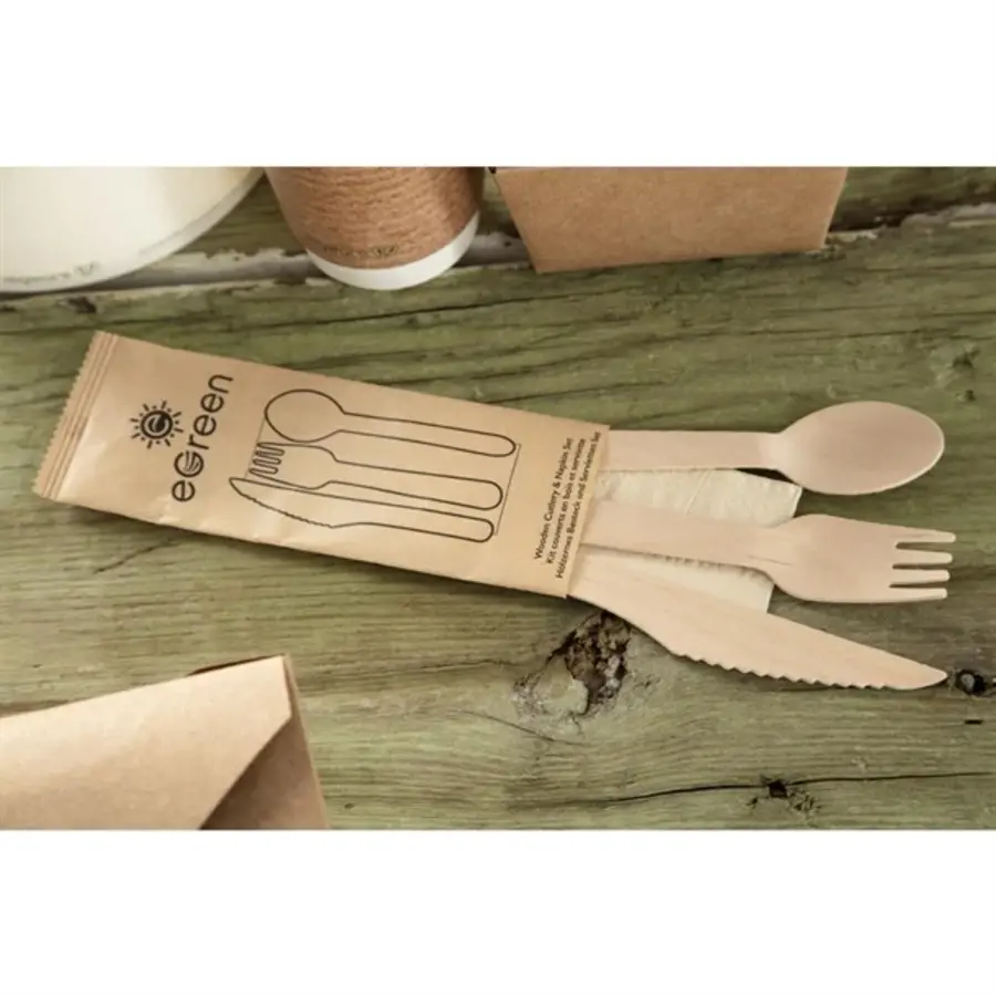 eGreen einzeln verpacktes 4-in-1-Besteckset aus Holz | (250 Stück)
