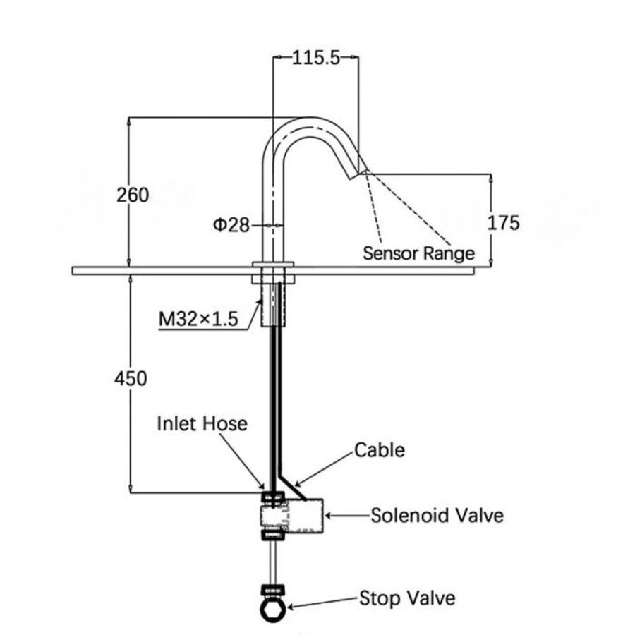 Edelstahl Aufputzarmatur mit Sensor 17,5 cm 1 Loch