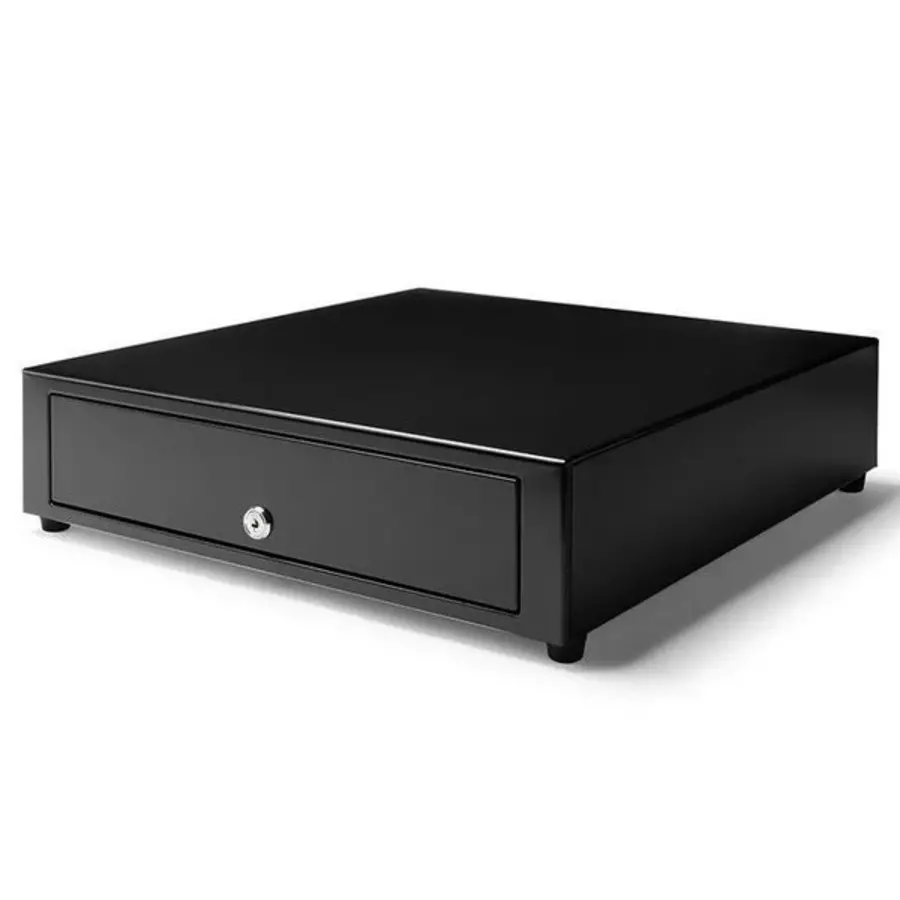 Tiroir-caisse électrique noir/gris, 8 emplacements pour pièces et 4 emplacements pour billets (24 V), dimensions : 440 x 460 x 110 mm