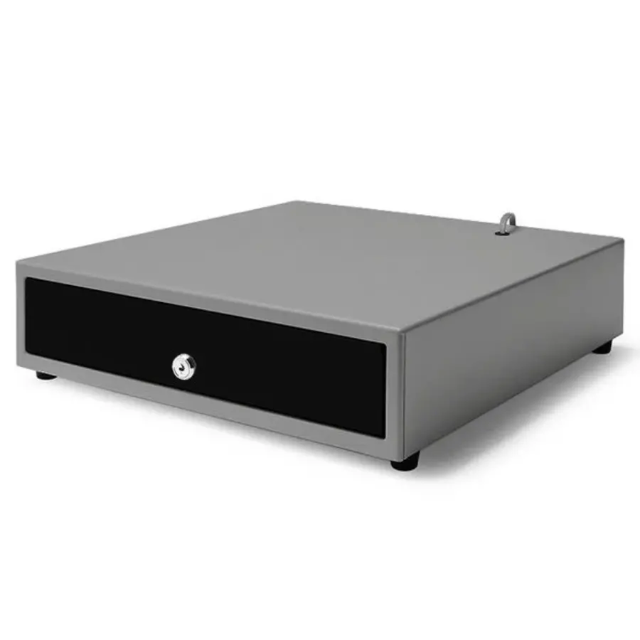 Tiroir-caisse électrique noir/gris, 8 emplacements pour pièces et 4 emplacements pour billets (24 V), dimensions : 440 x 460 x 110 mm