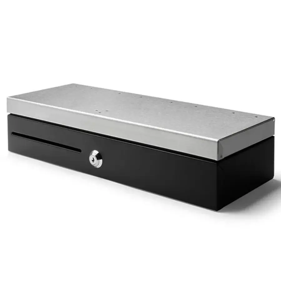 Tiroir-caisse à clapet noir/acier inoxydable, 8 emplacements pour pièces et 5 emplacements pour billets, électrique (12 V/24 V), dimensions : 460 x 170 x 100 mm