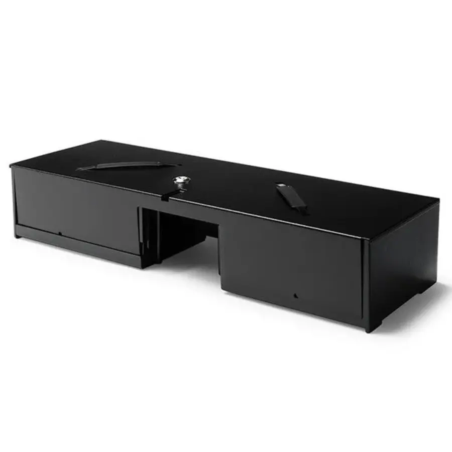 Tiroir-caisse à clapet noir, 8 emplacements pour pièces et 5 emplacements pour billets, électrique (12 V/24 V), dimensions : 460 x 170 x 100 mm