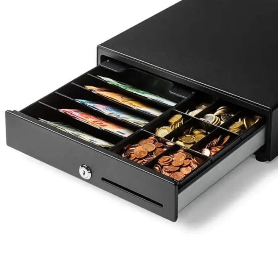 Tiroir-caisse standard noir 335 pieds, 8 emplacements pour pièces et 5 emplacements pour billets, manuel, dimensions : 335 x 335 x 90 mm
