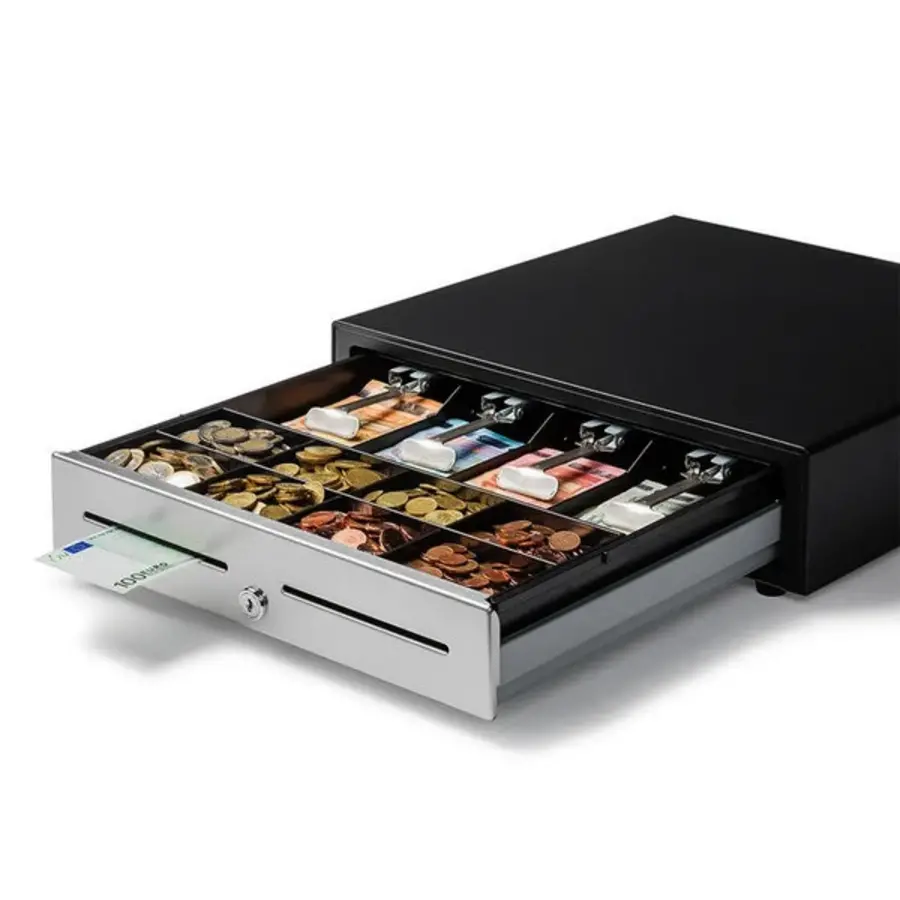 Tiroir-caisse 410 Standard+ Noir/Inox 8 compartiments pièces + 4 compartiments billets Électrique (12 V/24 V) 410 x 415 x 110 mm