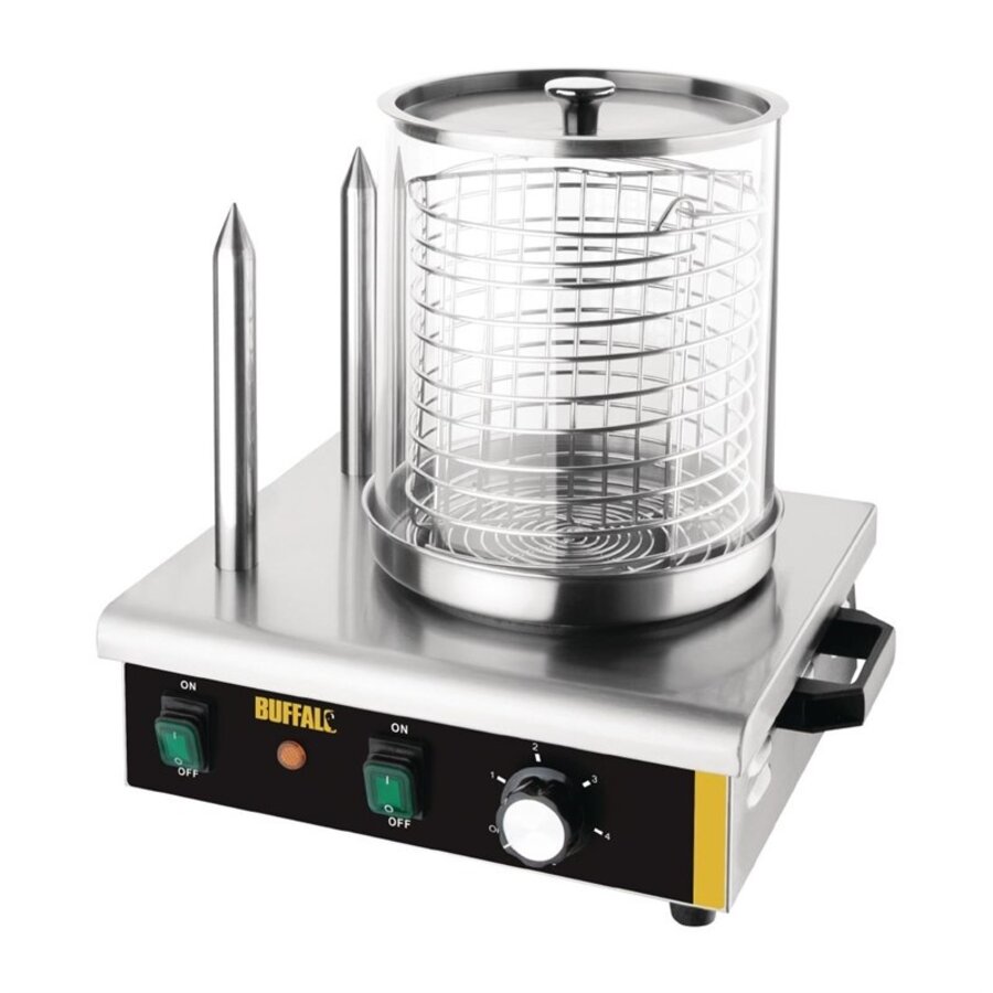 Chauffe-hot-dog Buffalo avec 2 broches chauffantes 550W/230V. 2 chauffe-petits pains.