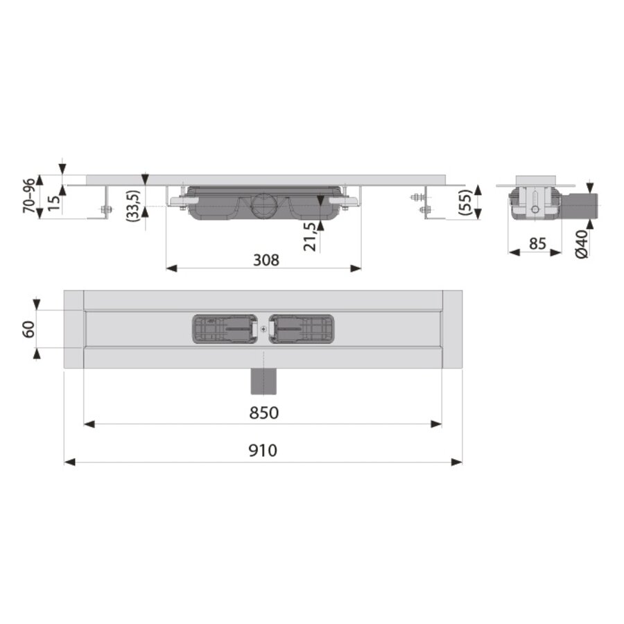 Caniveau de douche en acier inoxydable 850 x 60 mm 0,53 l/s