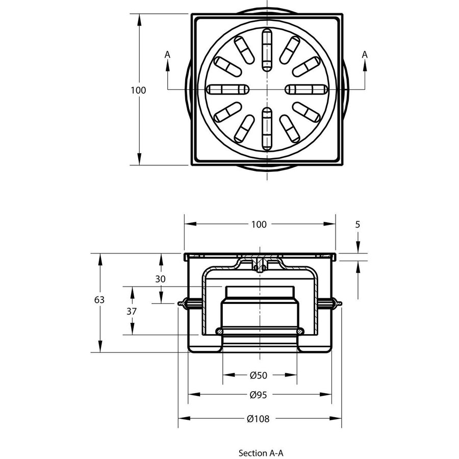 Siphon de sol en acier inoxydable 100 x 100 mm 0,50 l/s