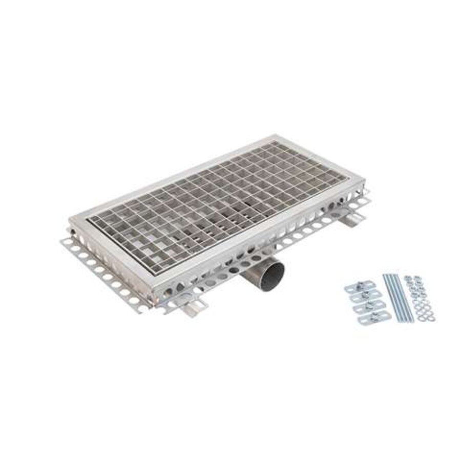 Caniveau inox 600x300mm drain central ø75mm horizontal