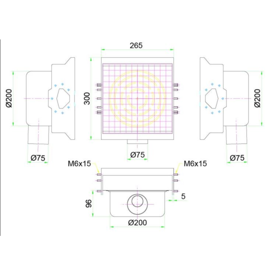 Bonde de caniveau en acier inoxydable 300 x 265 mm avec 2 sorties pour bonde à fente