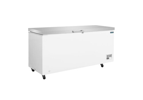  HorecaTraders Chest freezer with stainless steel lid & wheels | 581 L | -18°C to -25°C | 97(h) x 203.5(w) x 73(d)cm 
