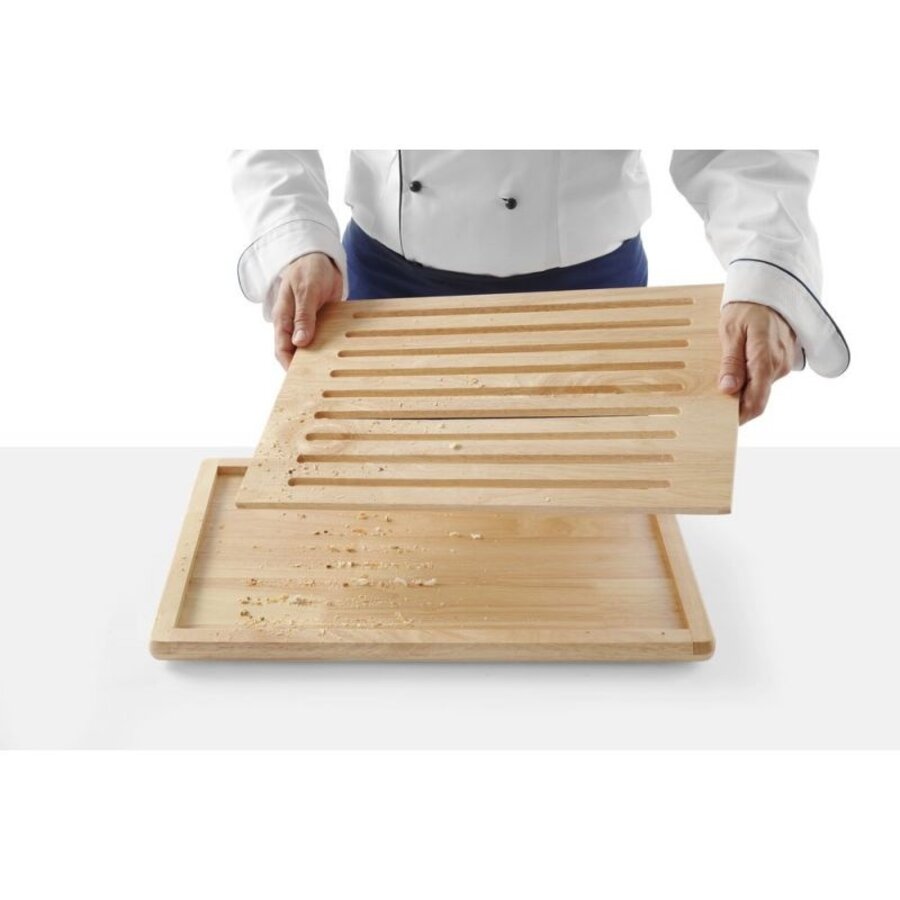 Planche à découper et couteau en bois | 42,5 x 25 x 4 cm | Avec plateau ramasse-miettes | Acier inoxydable