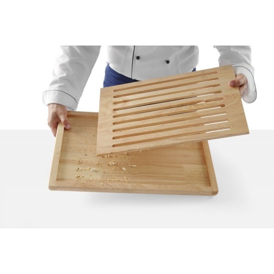 Planche à découper et couteau en bois | 42,5 x 25 x 4 cm | Avec plateau ramasse-miettes | Acier inoxydable