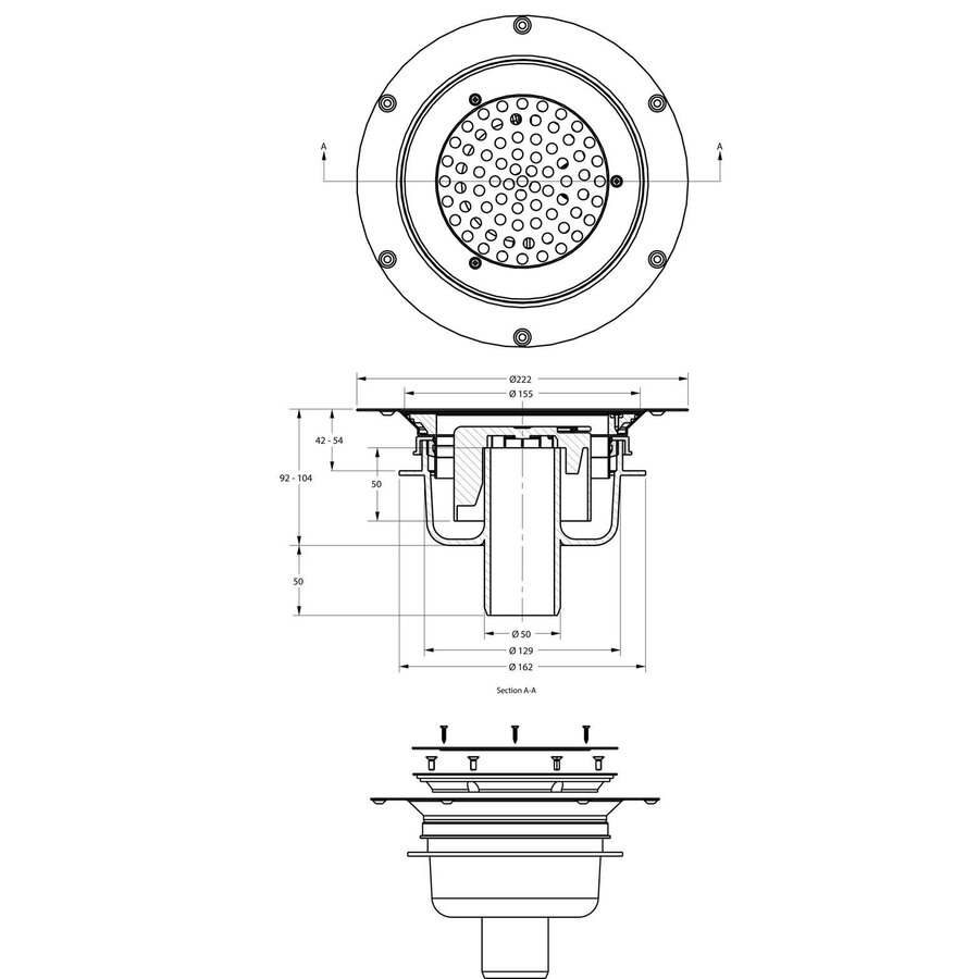 floor drain | ø 155mm | stainless steel 304 | vertical connection | 1 l/s