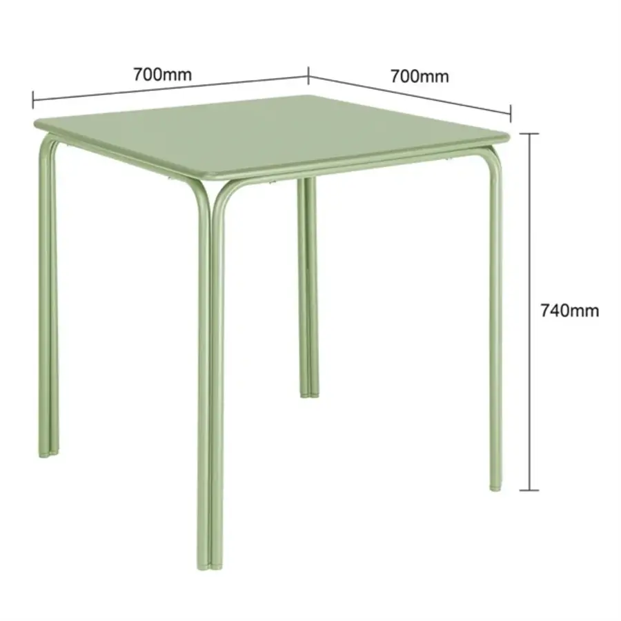 Table carrée en acier vert clair 700 mm – élégante et durable