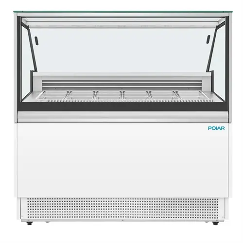  Polar Congélateur vitrine à glaces écoénergétique à 6 bacs – Acier peint et verre, -18 °C à -16 °C, 880 W, 128 x 128 x 73 cm 