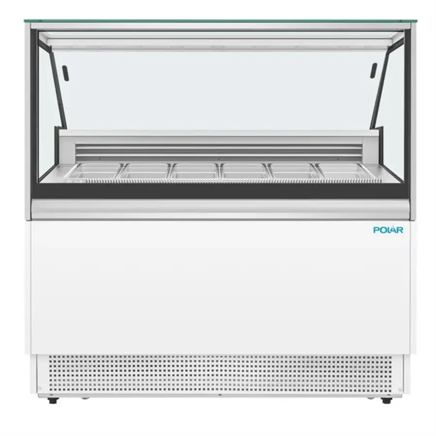 Energiezuinige 6-Pan IJs Vitrine Kast Vriezer – Gelakt staal & glas, -18°C tot -16°C, 880W, 128x128x73 cm
