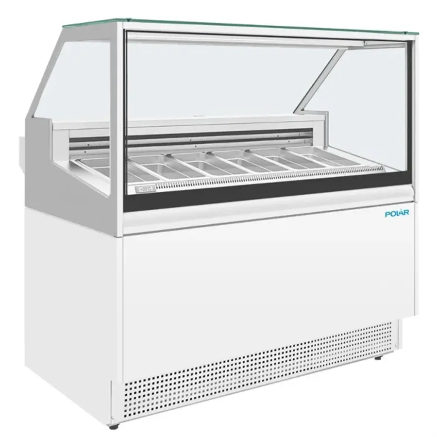Energiezuinige 6-Pan IJs Vitrine Kast Vriezer – Gelakt staal & glas, -18°C tot -16°C, 880W, 128x128x73 cm