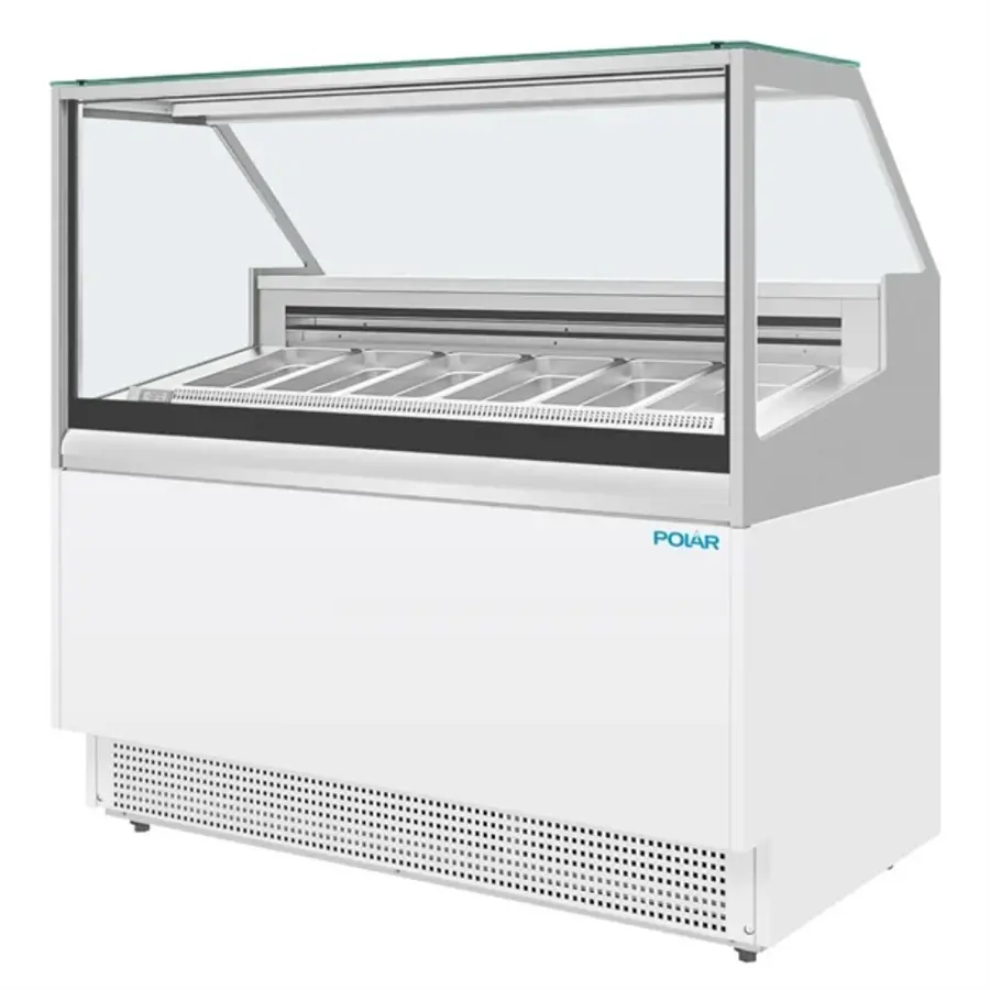 Energiezuinige 6-Pan IJs Vitrine Kast Vriezer – Gelakt staal & glas, -18°C tot -16°C, 880W, 128x128x73 cm
