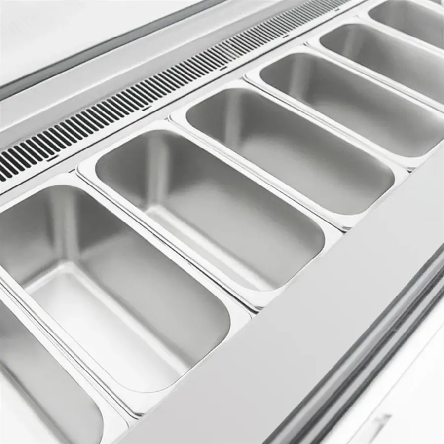 Energiezuinige 6-Pan IJs Vitrine Kast Vriezer – Gelakt staal & glas, -18°C tot -16°C, 880W, 128x128x73 cm