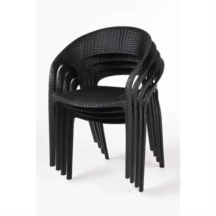 Chaise en polyrotin noir avec accoudoirs – Hauteur d'assise 46,5 cm – Empilable – Lot de 4 – Intérieur et extérieur