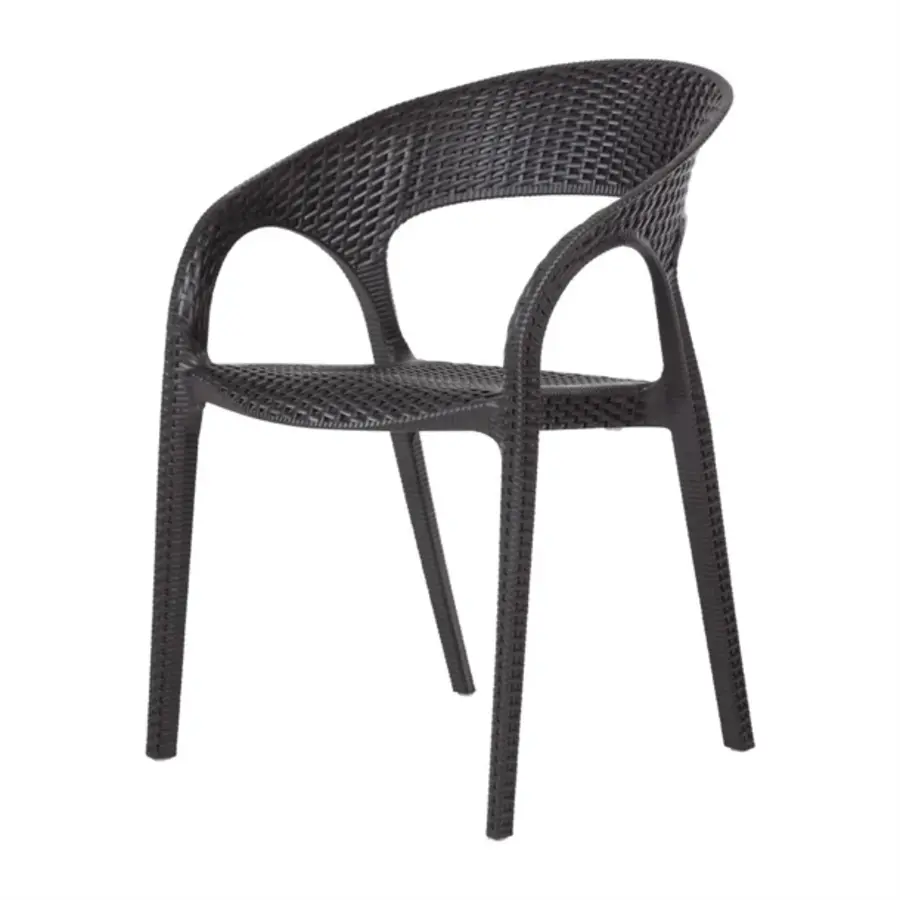Chaise en polyrotin noir avec accoudoirs – Hauteur d'assise 46,5 cm – Empilable – Lot de 4 – Intérieur et extérieur