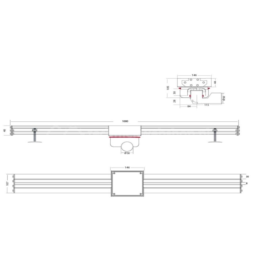 Slotted channel connectable stainless steel 1000x50mm inlet slot 8mm with outlet 50mm (tile drain)