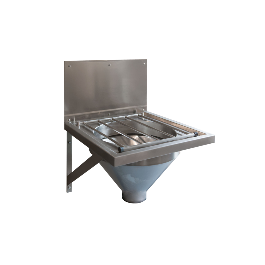 Wall-mounted faeces sluice with flushing rim – Brushed stainless steel – 500x500x505 mm – Incl. siphon & splashback – For hospital use
