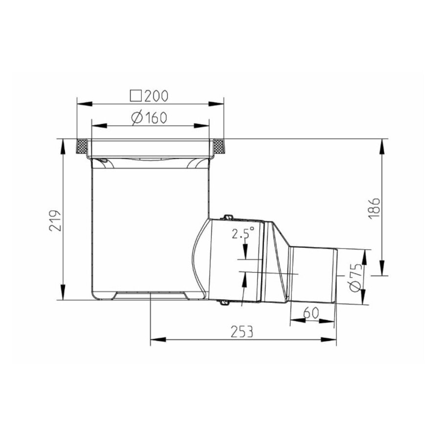 Siphon de sol industriel en acier inoxydable 304 200 x 200 mm 219 mm Capacité (max.) : 3,70 l/s