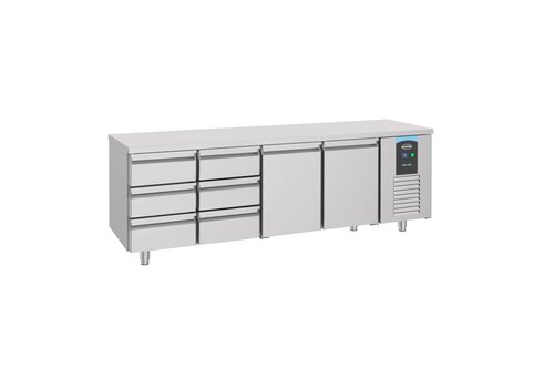  Combisteel Gekühlte Werkbank | 2 Türen und 6 Schubladen | 233x70x85 | Edelstahl | +2/+8°C | Ein Etikett 