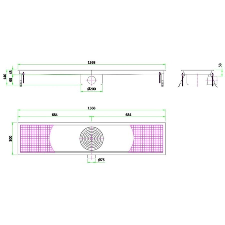 Floor drain stainless steel 30 x 136.8 x 14 cm