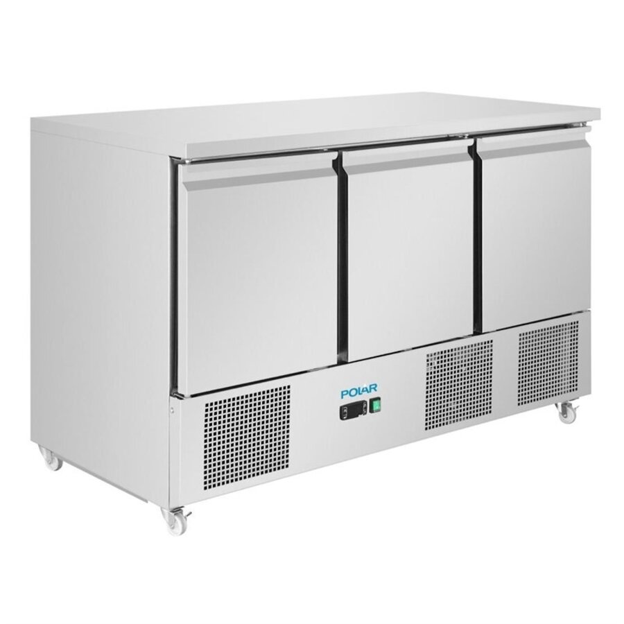 Polar U-Series 3-Door Saladette Refrigerated Counter 400L Stainless Steel – Catering Prep Refrigerator with GN Compatibility and Ventilation Cooling