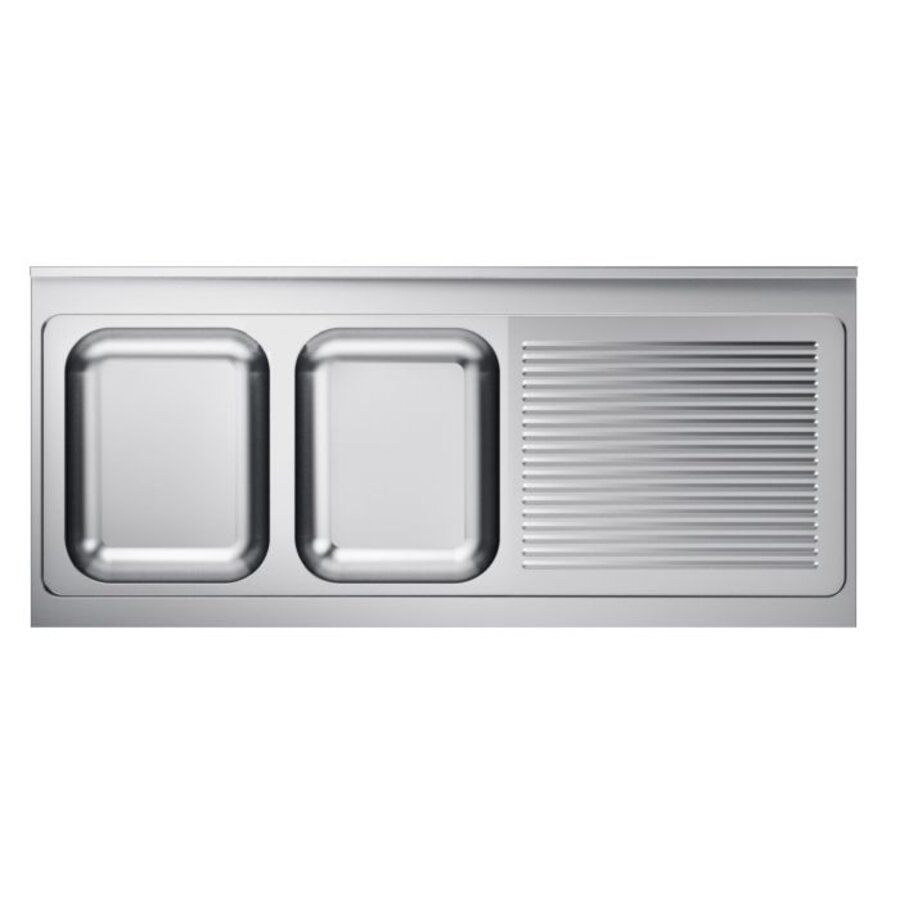 Évier de table 600 | 2 à gauche | Avec siphon et tuyau d'évacuation | Inox | 200 x 60 x 4 cm
