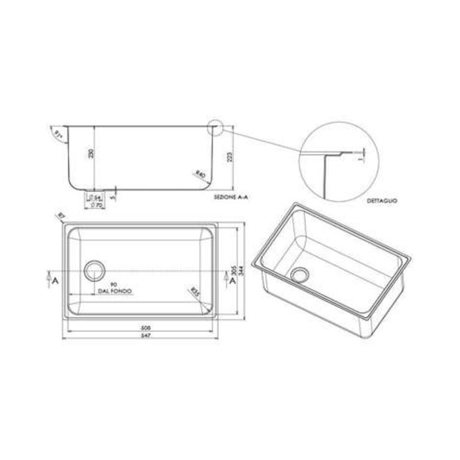 RVS bain-marie bak | GN 1/1 | RVS | 547x344x230 mm | met afvoer 2"