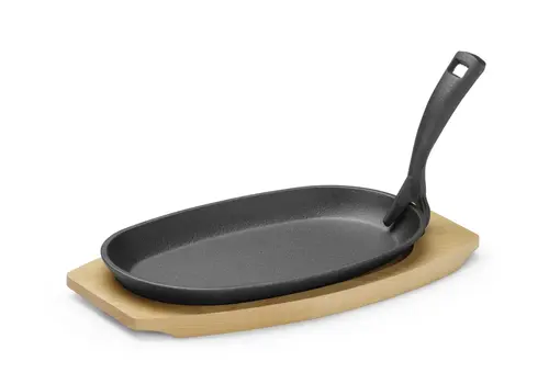  HorecaTraders Schaal | Gietijzer | Met houten onderlegger en greep | Zwart | 28x14x(H)3cm 