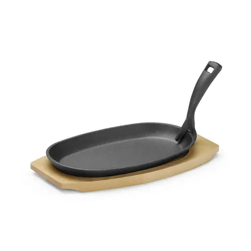  HorecaTraders Schaal | Gietijzer | Met houten onderlegger en greep | Zwart | 28x14x(H)3cm 