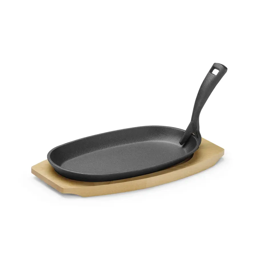 Schaal | Gietijzer | Met houten onderlegger en greep | Zwart | 28x14x(H)3cm