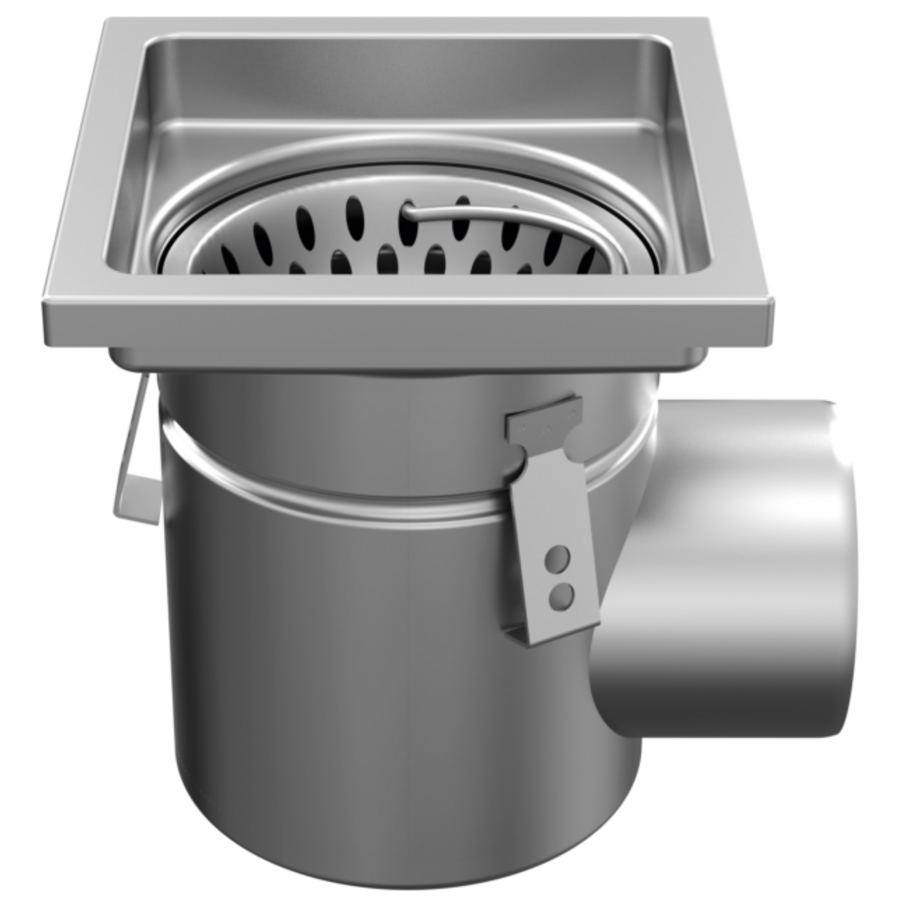 Drain | 30x30cm | Side outlet | Stainless steel 316 | Includes waste basket and odor trap