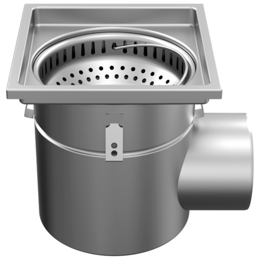 Afvoerput | 30x30cm | zij uitloop | RVS 316 | Inc vuilkorf en stankslot