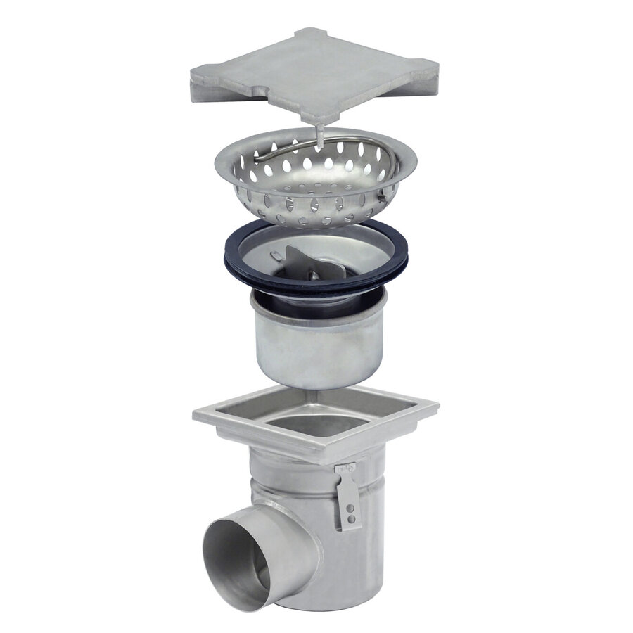 Drain | 30x30cm | Side outlet | Stainless steel 316 | Includes waste basket and odor trap