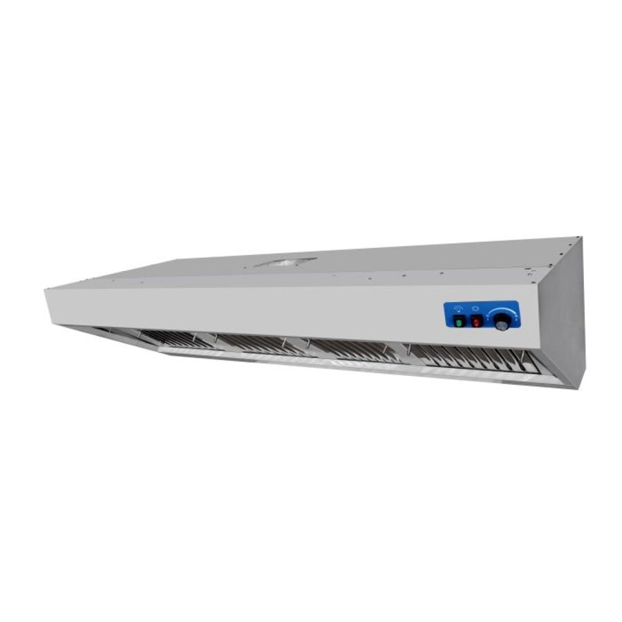 Professional stainless steel wall hood 2000 mm – 900 mm deep, 4 filters, including motor and LED.