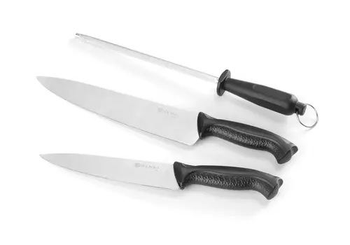  Hendi Messerset & Wetzstein | Edelstahl & PP | 2 Kochmesser 18/24 cm + Wetzstahl 23 cm | Schwarz 