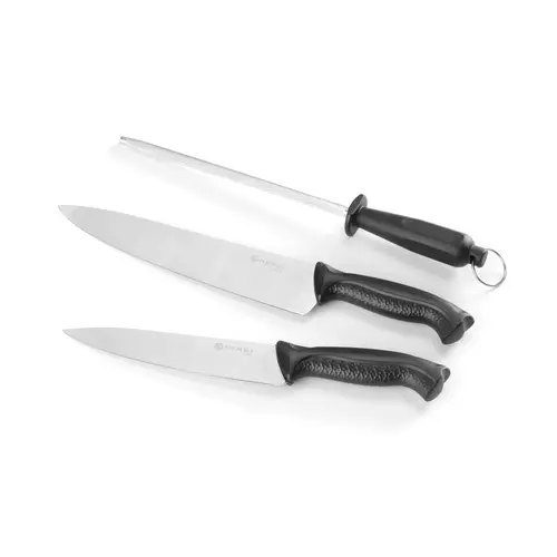  Hendi Messerset & Wetzstein | Edelstahl & PP | 2 Kochmesser 18/24 cm + Wetzstahl 23 cm | Schwarz 