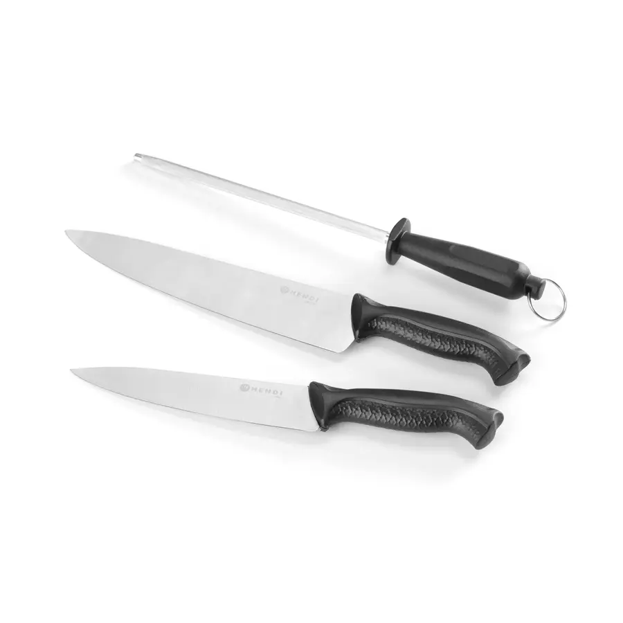 Coffret de couteaux et pierre à aiguiser | Acier inoxydable et polypropylène | 2 couteaux de chef 18/24 cm + fusil à aiguiser 23 cm | Noir