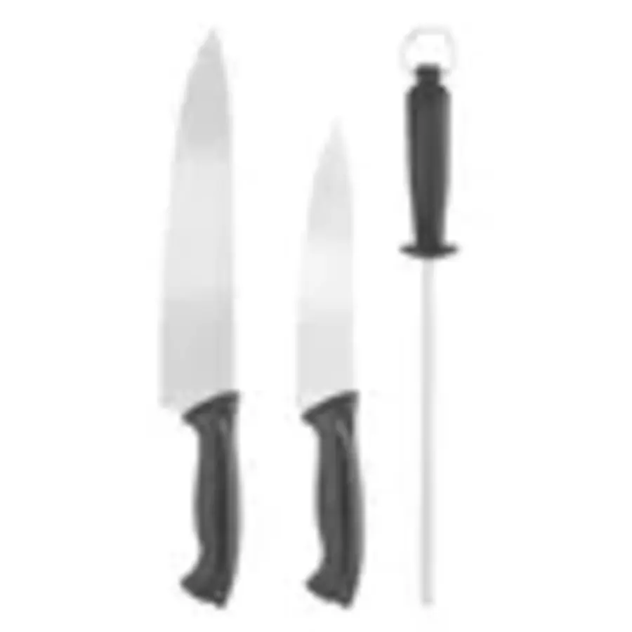 Messenset & Slijpsteen | RVS & PP | 2 Koks­messen 18/24 cm + Slijpstaal 23 cm | Zwart