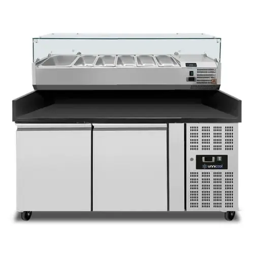  HorecaTraders Pizza-Werkbank | 390 l | 2 Türen (600 x 400 mm) | +2 °C/+8 °C | Umluft | 1510 x 800 x 850/990 (H) mm 