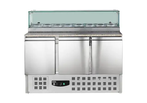  HorecaTraders Pizza-Arbeitsfläche | 444 l | 3 Türen (1/1 GN) | Oberseite 8 x 1/6 GN | +2 °C/+8 °C | Belüftet | 0,34 kW | 1368 x 700 x 1180 (H) mm 