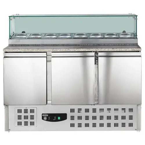  HorecaTraders Plan de travail pour pizza | 444 L | 3 portes (1/1 GN) | Plateau 8 x 1/6 GN | +2 °C/+8 °C | Ventilé | 0,34 kW | 1368 x 700 x 1180 (h) mm 