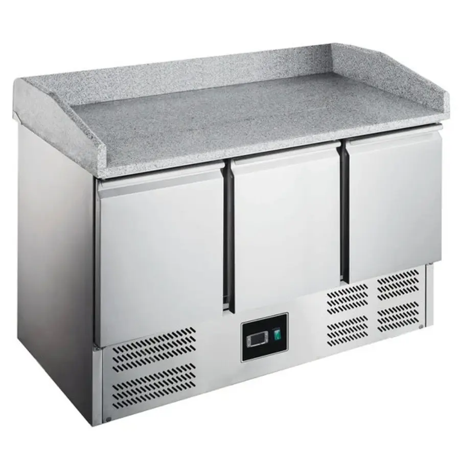 Pizza-Werkbank | 368 l | 3 Türen (1/1 GN) | +2 °C/+8 °C | Statische Kühlung + Umluft | Rollen (gebremst) | 1400 x 700 x 866/1016 (H) mm