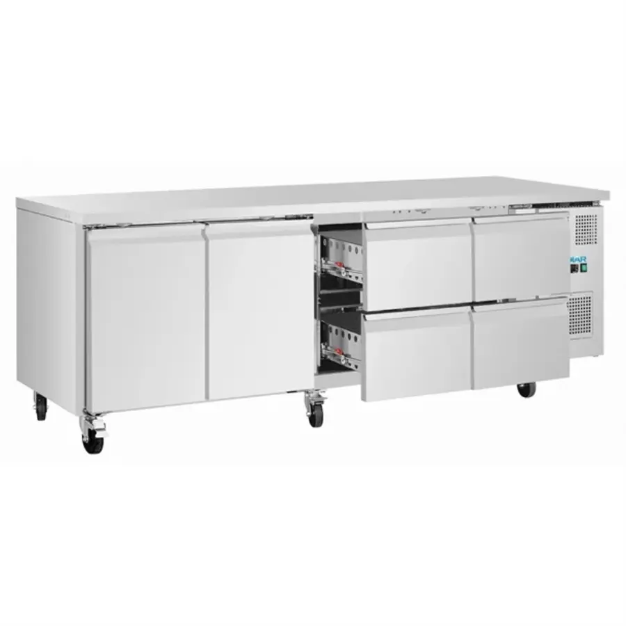 Refrigerated workbench with 4 drawers and 2 doors | 284L | Stainless steel | 86(h)x223(w)x70(d)cm | B
